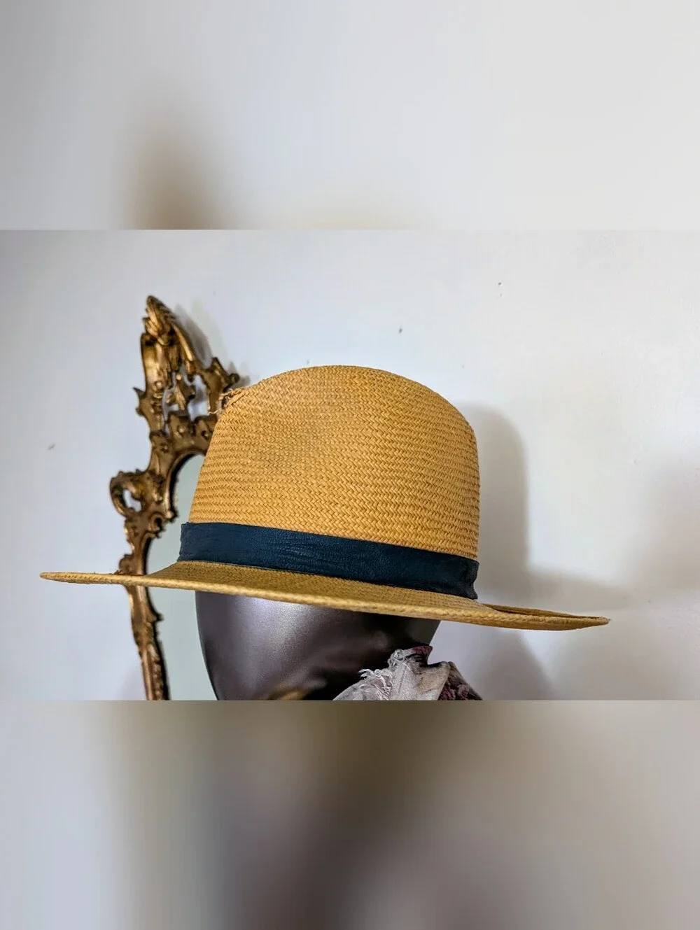 Janessa Leone ‘Panton’ Tan Straw Hat with  Lamb Leather Band DAMAGE/READ